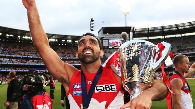 Adam Goodes celebrates Swans win in the 2012 AFL Grand Final.