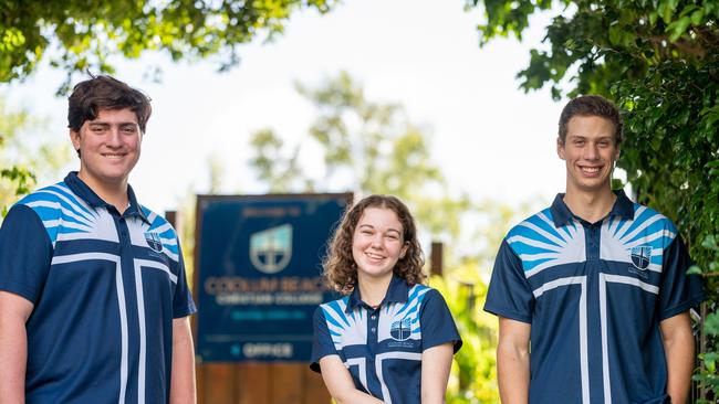 Coolum Beach Christian College Year 12 captains: Rio Giulietti, Emmanuelle Cox and Jone Besford