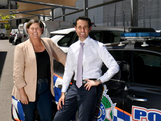 Premier David Crisafulli with Member for Mundingburra Janelle Poole at the Townsville Police Station. Picture: Evan Morgan