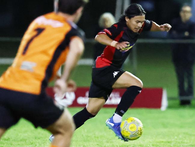 Leichhart's Muhammad Baqir puts laces to leather in the Football Queensland Premier League Far North (FQPL 3) men's preliminary final match between the Leichhardt Lions and the Mareeba Bulls, held at Endeavour Park, Manunda. Picture: Brendan Radke