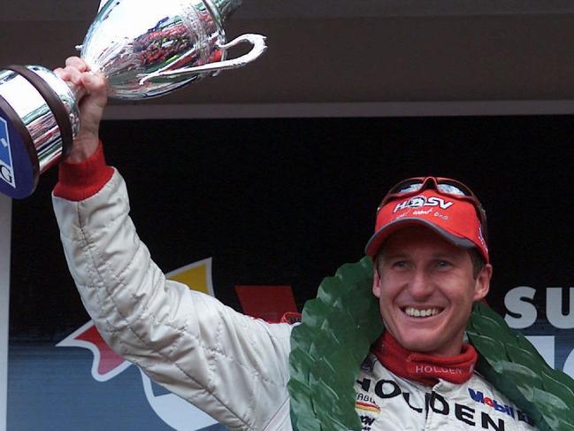 Mark Skaife celebrates winning at Bathurst in 2001.