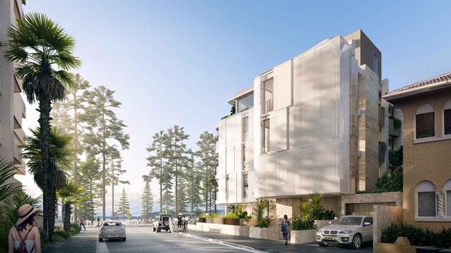 An artist's impression of a proposed five-story apartment block redevelopment at 61 North Steyne, looking east down Denison St. Picture: Plantation Architects