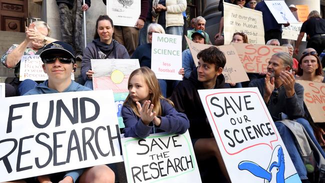 A rally to save the SA Museum from funding cuts held at Parliament House, in April. Picture: Kelly Barnes