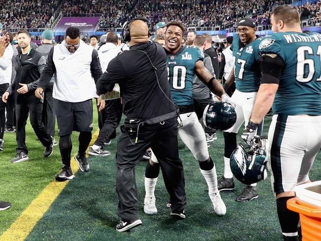 Corey Clement #30 of the Philadelphia Eagles is congratulated by his teammates after his 22-yard touchdown reception against the New England Patriots in the third quarter of Super Bowl LII at U.S. Bank Stadium on February 4, 2018 in Minneapolis, Minnesota. Picture: Getty Images