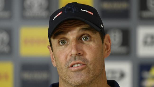 TOWNSVILLE, AUSTRALIA - MARCH 13:  Bulldogs coach Trent Barrett speaks to the media before the start of the round one NRL match between the North Queensland Cowboys and the Canterbury Bulldogs at Qld Country Bank Stadium, on March 13, 2022, in Townsville, Australia. (Photo by Ian Hitchcock/Getty Images)