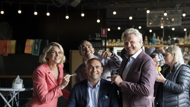 Sarah Jones, Eddie Betts and Dermott Brereton welcome Shaun Burgoyne to Fox Footy. Pic: Julian Fletcher