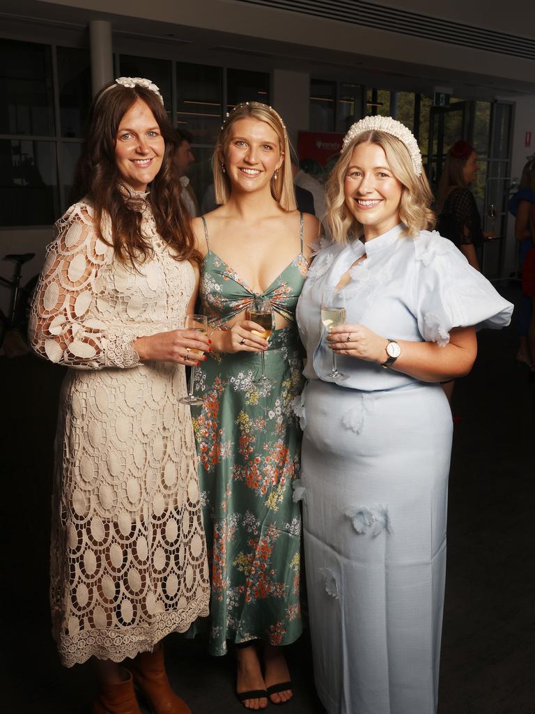 Jules Shea, Hannah Cox, Laura Curtain. Melbourne Cup event at Franklin Wharf as a fundraiser for charity Variety. Picture: Nikki Davis-Jones