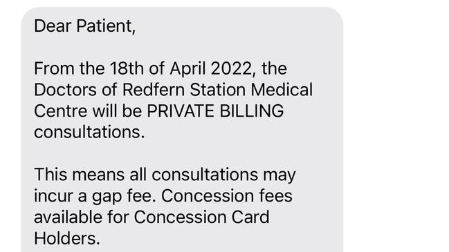 Redfern Station Medical Centre told its patients it would no longer bulk bill them. Picture: Supplied