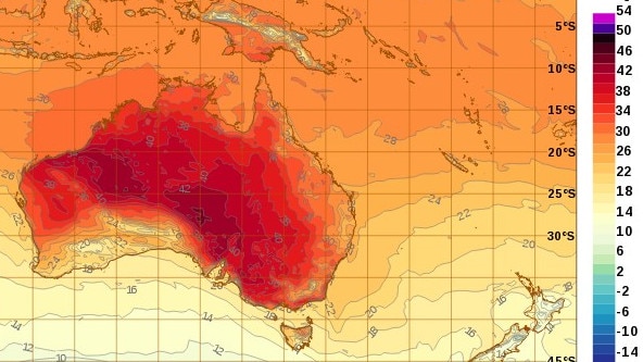 Heatwave conditions set in on Saturday, and will continue through Sunday. Picture: Australian Bureau of Meteorology.