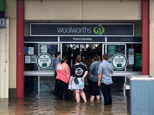 Port Lincoln Woolies – the flash flood people. Picture: Robert Lang