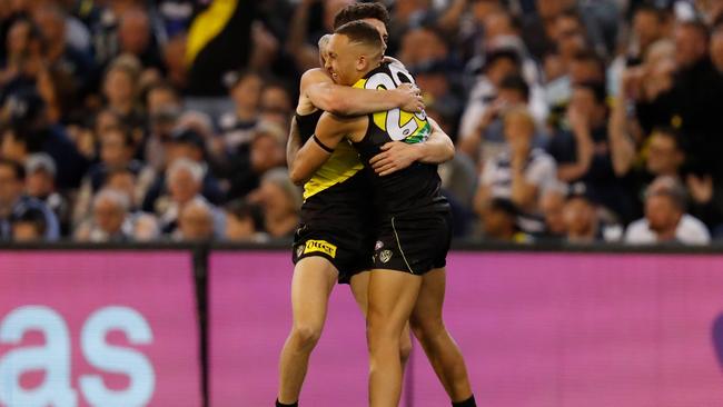 Jason Castagna and Shai Bolton celebrate a goal against Geelong. Picture: Getty Images