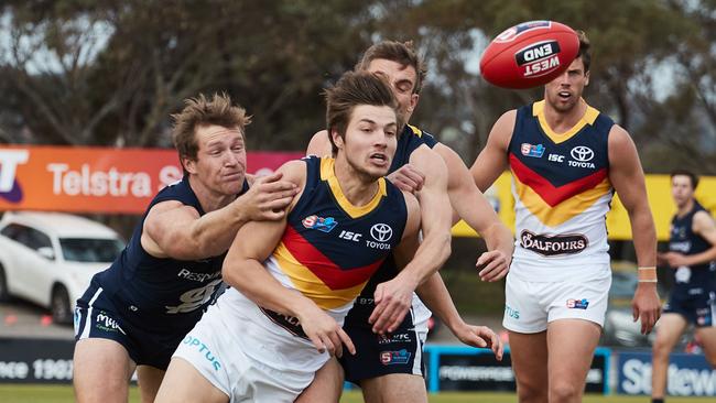 Davey fights for the ball during his time at Adelaide. Picture: Matt Loxton