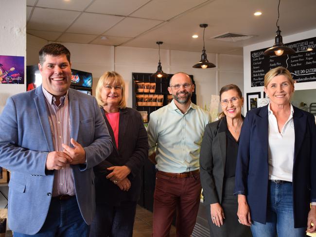 Shadow Minister for Small Business Brent Mickelberg, Shadow Minister for Local Government Ann Leahy, Shadow Treasurer David Janetzki, LNP candidate for Rockhampton Donna Kirkland and Artizan Gluten Free Bakery owner Simone Lawrie. Picture: Aden Stokes