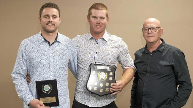 GOLDEN GHOSTS: Matt Muller and Ben McLennan collect the shield for Team of the Year alongside councillor Peter Ellem, at the 2019 Daily Examiner Sports Star Awards on Saturday night. Picture: Adam Hourigan