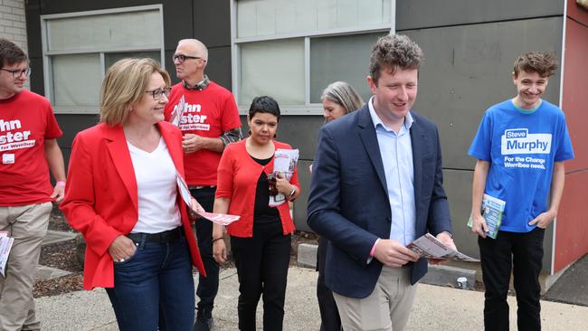 Premier Jacinta Allan was campaigning with with Labor candidate John Lister at Manor Lakes College. Picture: NewsWire/ David Crosling