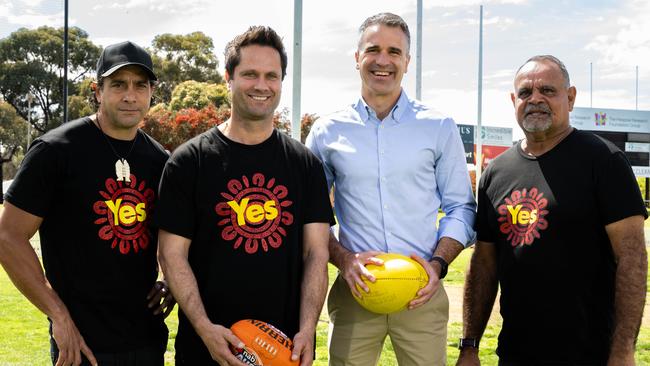 AFL legends Andrew McLeod, Gavin Wanganeen and Michael Long with SA Premier Peter Malinauskas at Thiem Kia Oval, Woodville / Kaurna Yarta. Picture: Morgan Sette