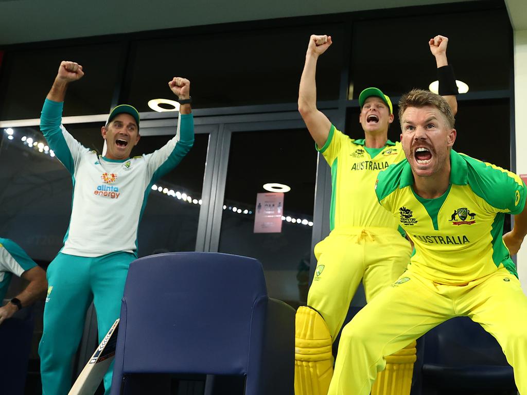 Justin Langer was jubilant after Australia won the T20 World Cup. The result also provided him with plenty of job security going into the Ashes. Picture: Michael Steele-ICC/ICC via Getty Images
