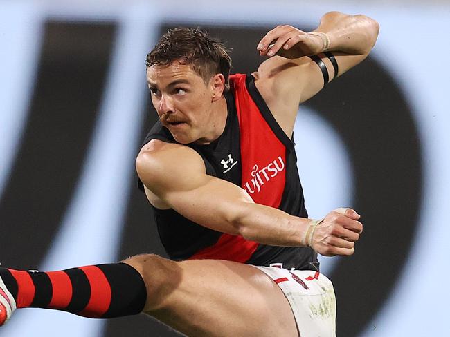 AFL Round 15. West Coast Eagles vs Essendon at the Gabba, Brisbane. 01/09/2020... Joe Daniher of the Bombers kicks deep inside 50   . Pic: Michael Klein