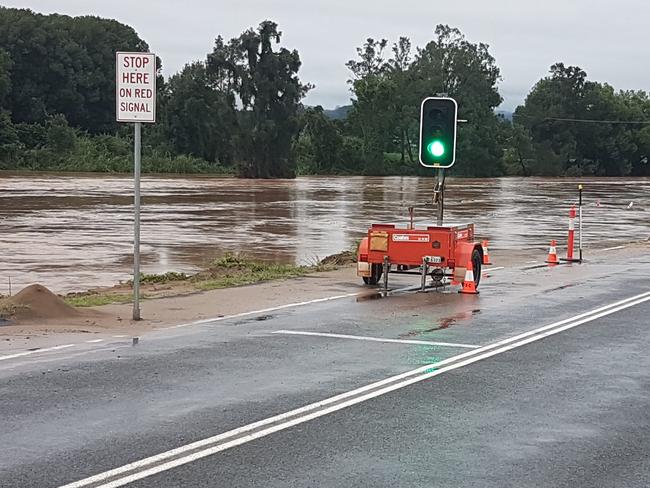 Flooding across Kyogle Road at Byangum on March 29, 2022. Picture: John Lysiak