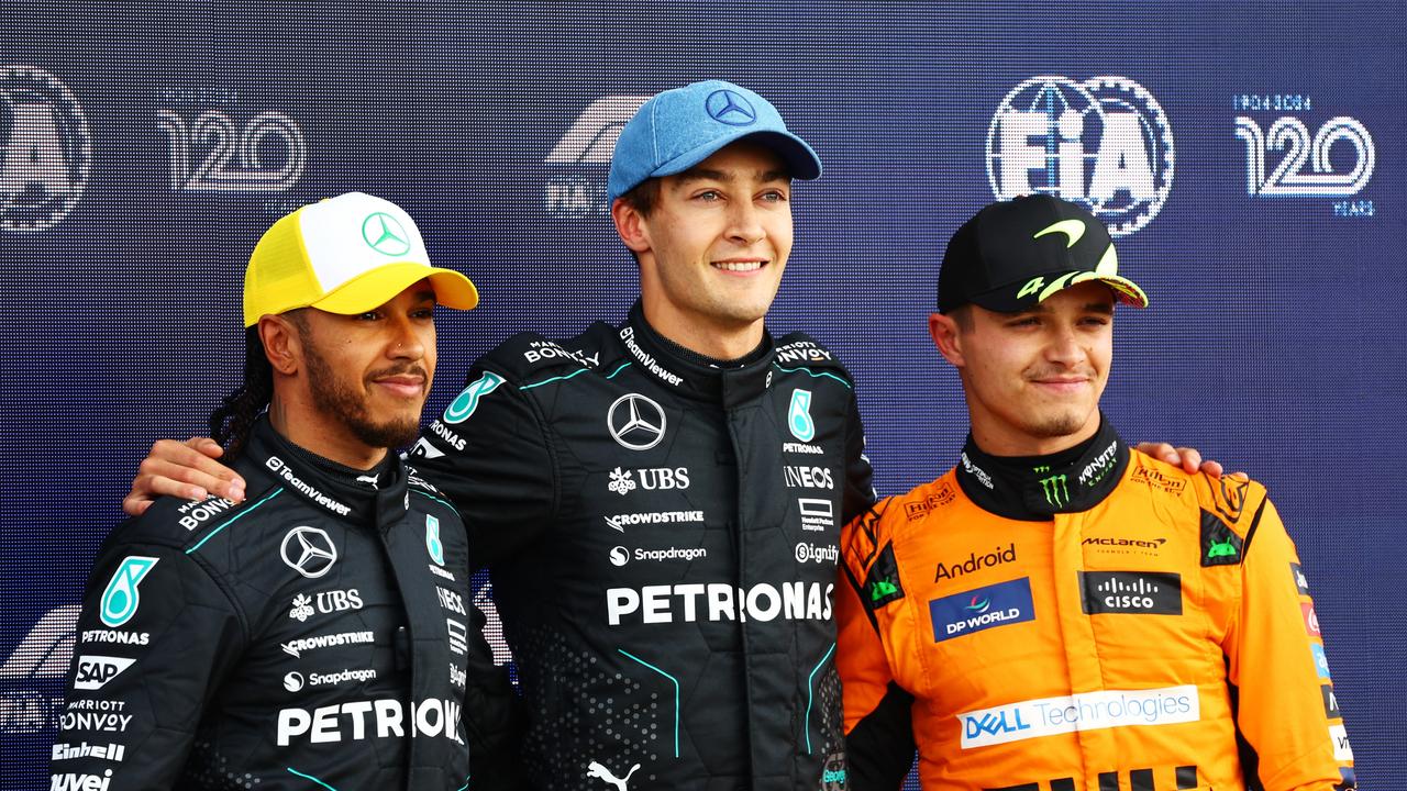 Pole position qualifier George Russell and the British boys. Photo by Mark Thompson/Getty Images.