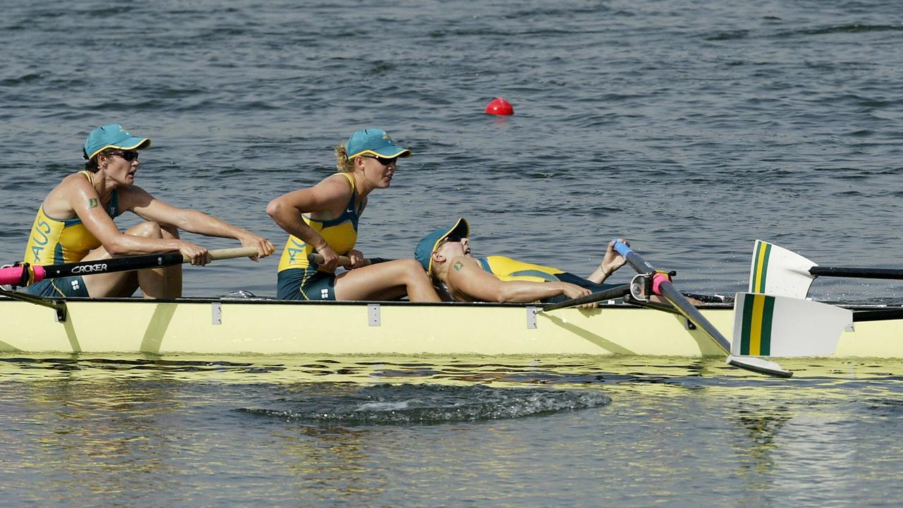 Sally Robbins lays down during the womens eight final in 2004.