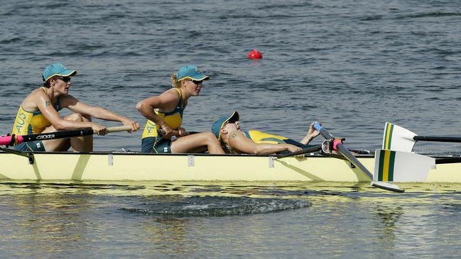 Sally Robbins lays down during the womens eight final in 2004.