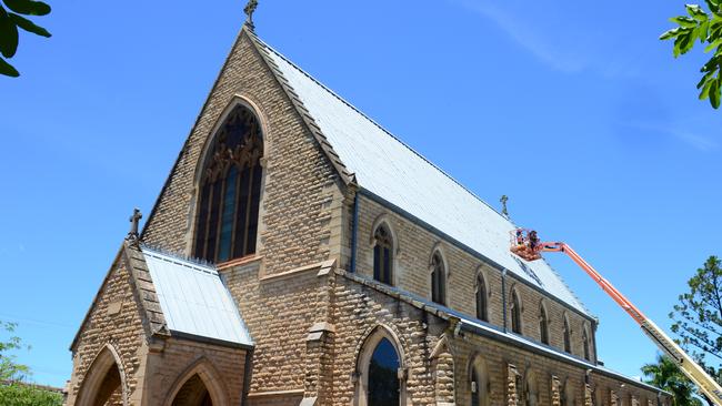 This 2012 photo shows heritage plumber Rob Jones from Melbourne inspected the roof of St Paul's Cathedral in Rockhampton with church warden Doug Wyer. Photo Sharyn O'Neill/The Morning Bulletin.