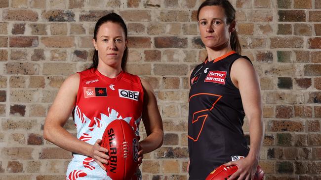 SYDNEY, AUSTRALIA - SEPTEMBER 07: Sydney Swans Captain Brooke Lochland and GWS Giants Captain Alicia Eva pose during a Sydney Swans and GWS Giants joint media opportunity ahead of the first AFLW Sydney Derby, at Circular Quay on September 07, 2022 in Sydney, Australia. (Photo by Mark Metcalfe/Getty Images)