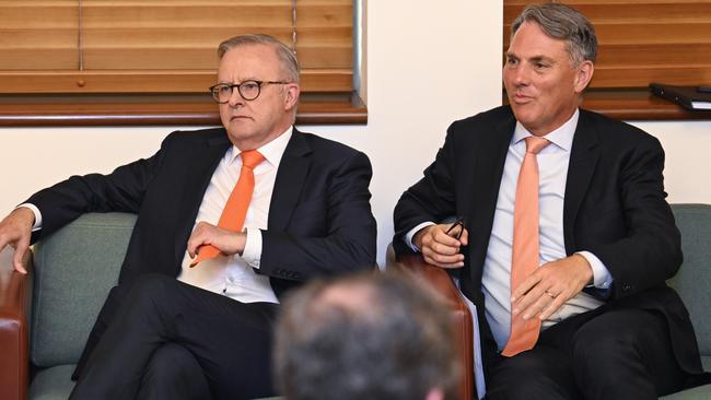 Anthony Albanese and Deputy Prime Minister Richard Marles at the Labor Party Caucus at Parliament House in Canberra. Picture: NewsWire / Martin Ollman