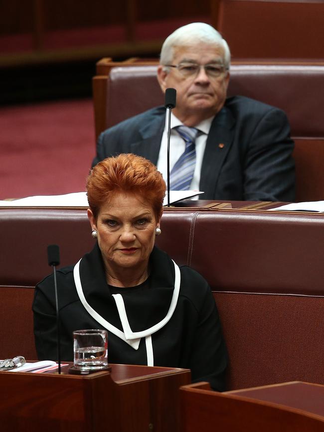 One Nation Senator Pauline Hanson (front) and former colleague Brian Burston in the Senate chamber at Parliament House. Photo: Kym Smith