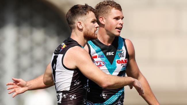 Robbie Gray (left) and Dan Houston at Jiangwan Stadium. Picture: Michael Willson/AFL Photos