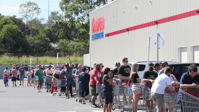 People queue outside Costco in Ipswich. Picture: Peter Wallis