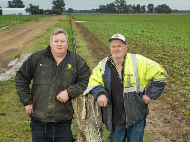 Philip Deane (right) and his son Wes at their Wahring farm. Picture: Zoe Phillips