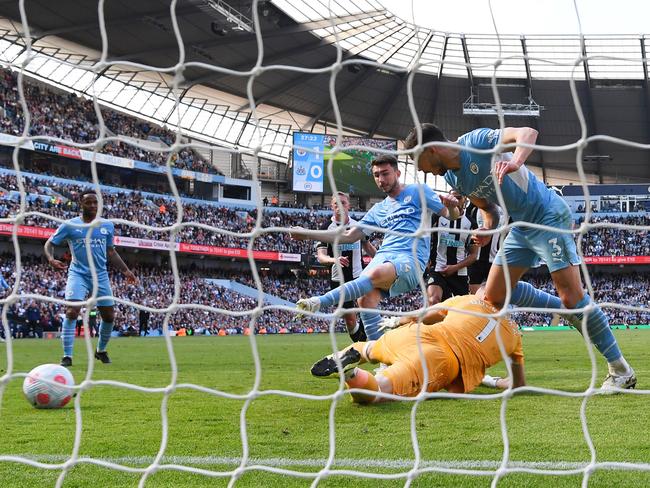 Aymeric Laporte scores Manchester City's second goal against Newcastle United. Picture: Stu Forster/Getty Images