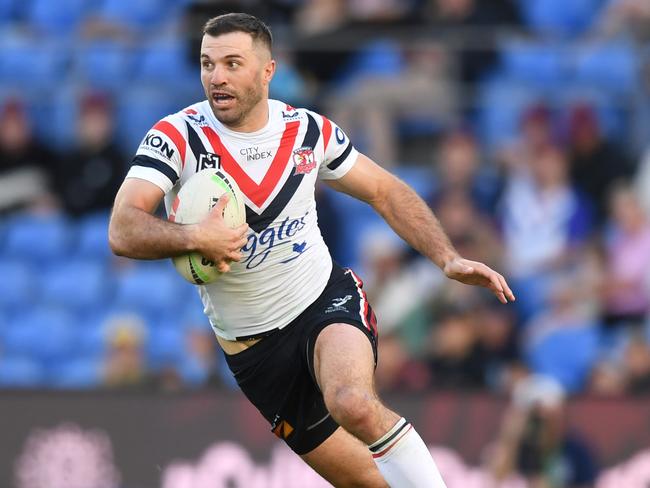 Roosters fullback James Tedesco carries the ball against the Gold Coast Titans at CBus Super Stadium. Picture: NRL photos