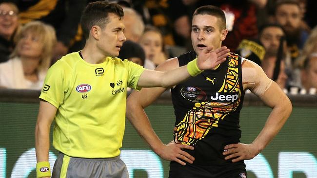 Jayden Short can’t believe a deliberate rushed behind free kick went against him. Picture: Wayne Ludbey