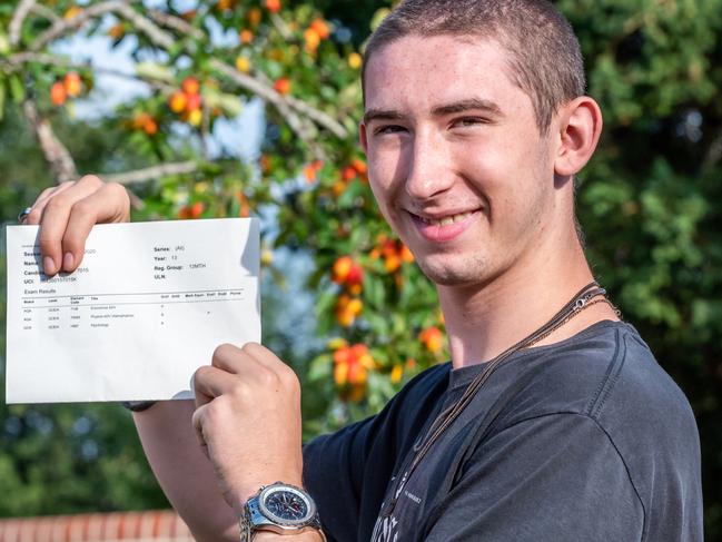 LEWES, UNITED KINGDOM - AUGUST 13: Oskar Filskow getting his A Level results today at Lewes Old Grammar School on August 13, 2020 in Lewes, United Kingdom. Just over 35% of A level students in the UK have received one grade lower than their teacher predictions, with 3% receiving results two grades lower than expected. However overall results show a higher pass rate at A and A* level. (Photo by Andrew Hasson/Getty Images)