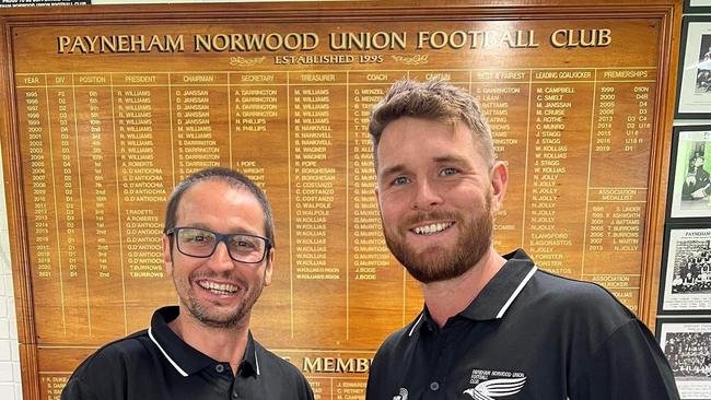 Payneham Norwood Union recruit Brad McKenzie (right) with Falcons coach Jeremy Cini. Picture: Payneham Norwood Union Football Club