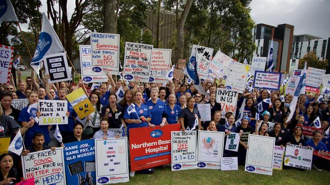 About 300 nurses and midwives at Northern Beaches Hospital attended a three-hour stop work rally at Frenchs Forest on Tuesday to launch an industrial campaign for improved pay and conditions. Picture: Supplied