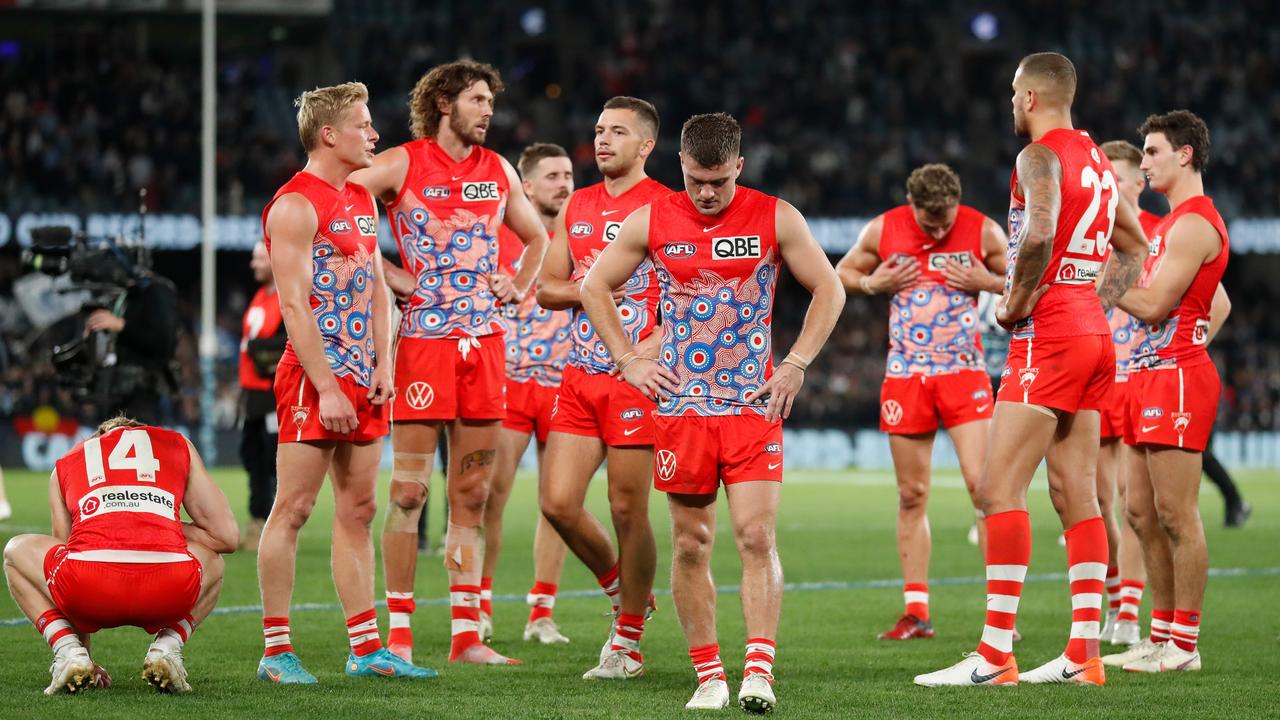 The Swans look dejected after the loss to Carlton. Picture: Michael Willson