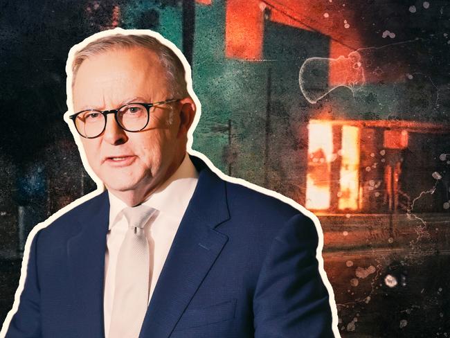 12 December 2024; Anthony Albanese in front of an anti-semitic, burnt synagogue fire. Artwork by Frank Ling. Sources: supplied. Ratio 4:3 FOR PRINT.