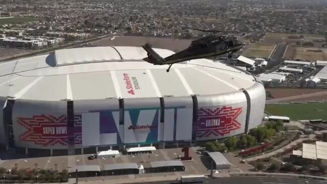 Border Protection Flies Over State Farm Stadium During Security Preparations for Super Bowl LVII