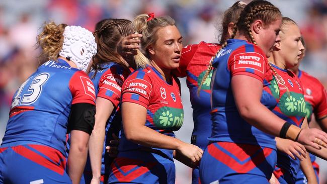 NEWCASTLE, AUSTRALIA - SEPTEMBER 24: Olivia Higgins of the Knights celebrates a try during the NRLW Semi Final match between Newcastle Knights and Brisbane Broncos at McDonald Jones Stadium, on September 24, 2023, in Newcastle, Australia. (Photo by Scott Gardiner/Getty Images)