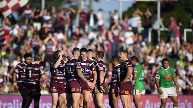 Manly Sea Eagle players celebrate after the siren during the Round 7 NRL match between the Manly Sea Eagles and the Canberra Raiders at Lottoland in Sydney, Sunday, April 28, 2019. (AAP Image/Joel Carrett) NO ARCHIVING, EDITORIAL USE ONLY