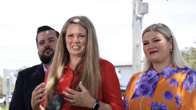 Brisbane City Council Labor campaign launch. Labor Lord Mayoral candidate Tracey Price (red), Council Opposition Leader Cr Jared Cassidy (suit), Labor Councillor for Morningside Ward Cr Lucy Collier (purple and orange)