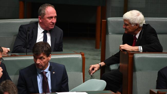 Former deputy prime minister Barnaby Joyce and Katter’s Australian Party Member for Kennedy Bob Katter on Monday. Picture: AAP