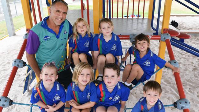 MY FIRST YEAR: Widgee State School Preps. Front row, Jorgia Gray, Chantelle, Thomas Hockey, Will. Back row, Teacher Mr Robert Andrews, Ellathea West, Aria Hill, Kadence Munro-Chandler. (note, not all surnames supplied). Picture: Patrick Woods.