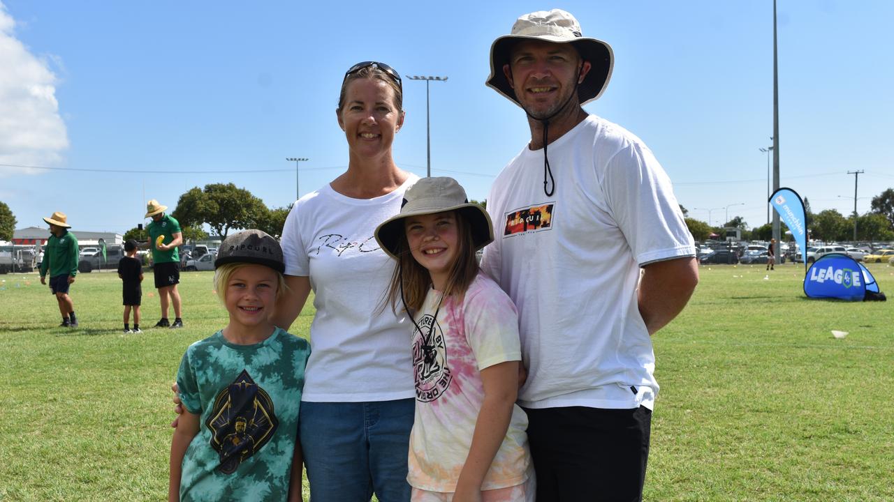 Kaelan, Jaye, Kyah and Gary Doherty at the Play Something Unreal rugby league clinic in Kawana. Picture: Sam Turner