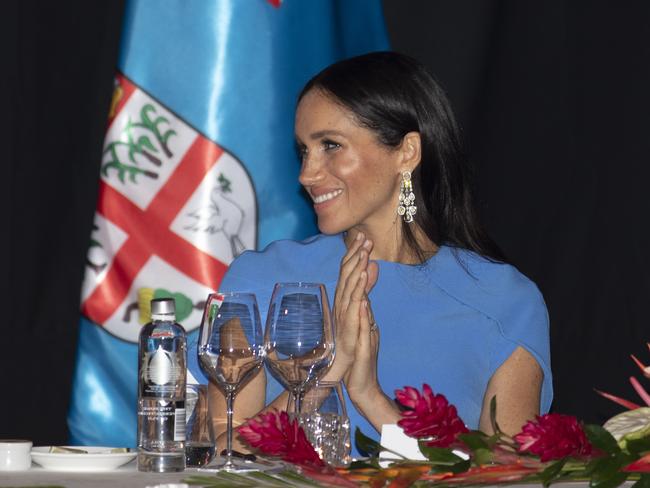 Meghan wore a Blue Safiyaa gown for her first state dinner. Picture: Getty Images