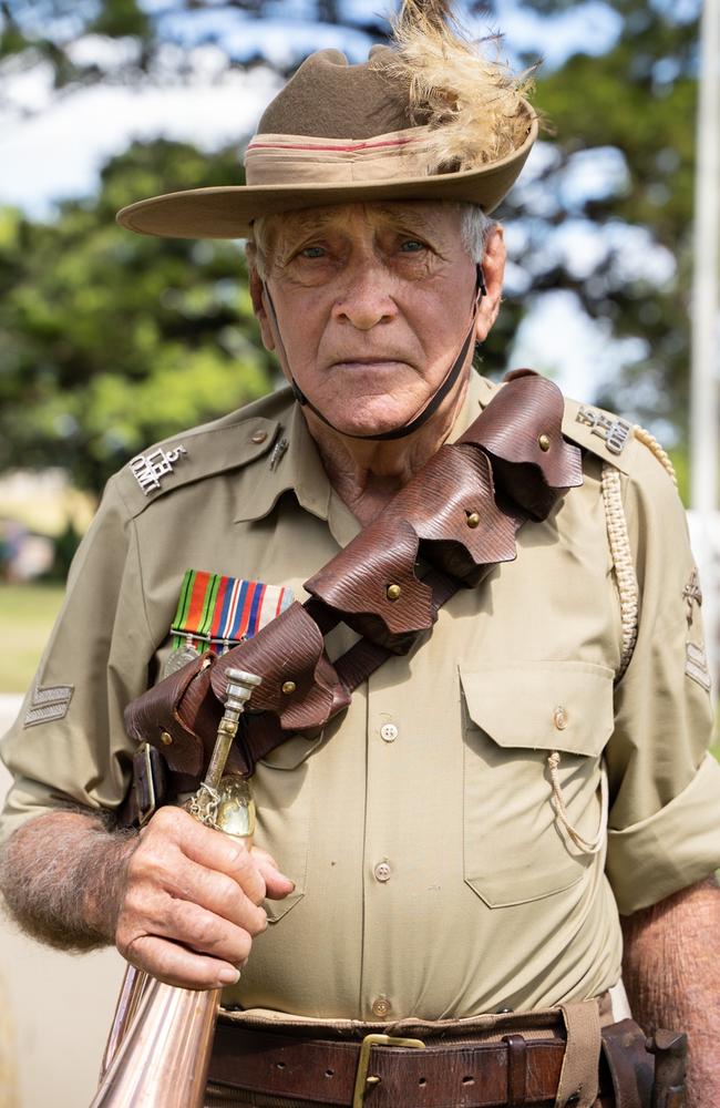 Doug Lyon has never missed playing The Last Post and Reveille at an Anzac Day service since 1956. Thursday, April 20, 2023. Picture: Christine Schindler